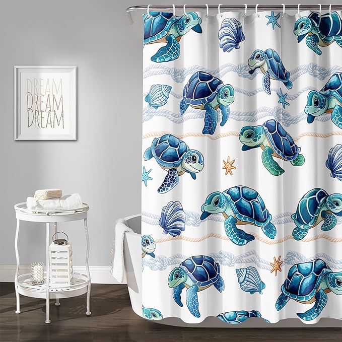 AILONEN Cute Sea Turtle Shower Curtain Set for Bathroom,Cartoon Turtle with Cowry Bath Curtain,Kawaii Ocean Animal Theme Waterproof Fabric Shower Curtain with Hooks,72" W*72" H