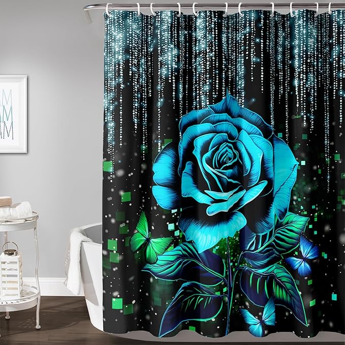 AILONEN Blue Rose Shower Curtain for Bathroom, Glitter Starry Flower Print Bath Curtain,Blue and Black Waterproof Floral Butterfly Shower Curtain Decoration with 12 Plastic Hooks, 60" W*72" H