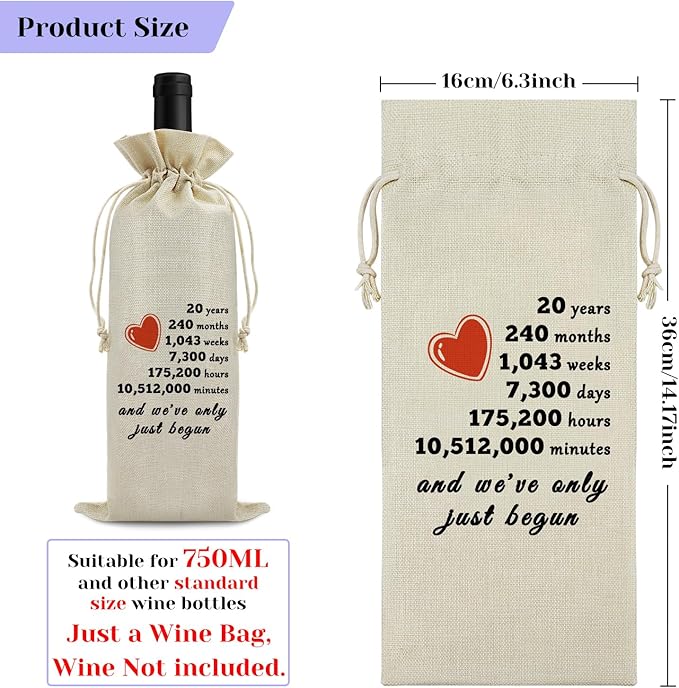 Sfodiary 20th Anniversary Wedding Gift for Wife Husband Wine Bag 20th Year Marriage Gift for Women Men Burlap Wine Wrap Bag Valentine Christmas Thanksgiving Gifts for Couples Wine Gift Bag