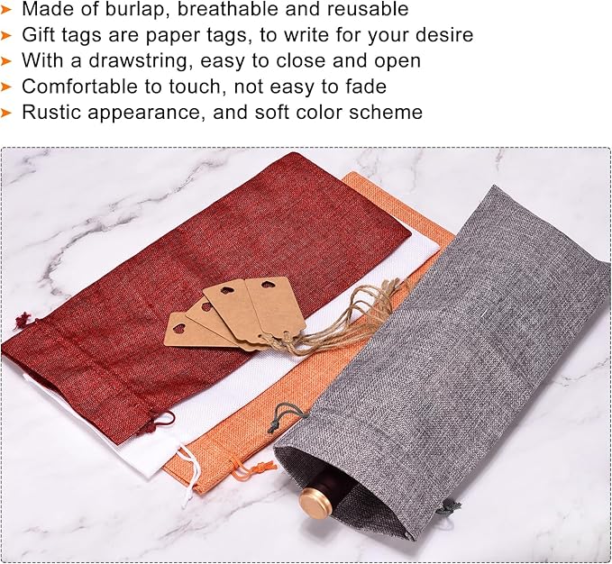 uxcell Burlap Wine Bags with Drawstrings, 12Pcs Wine Gift Bags Reusable Wine Bottle Bags with Ropes and Tags for Wedding, Birthday, Travel (14 x 6.3 In, Beige)