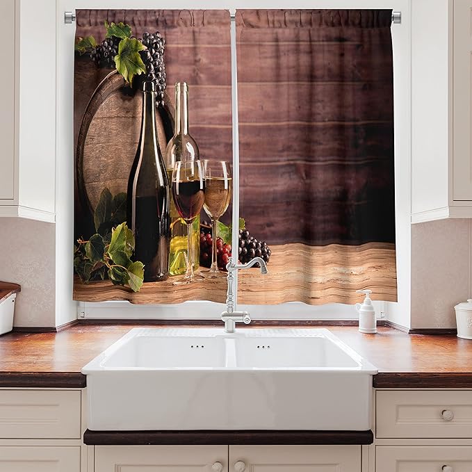 Ambesonne Wine Kitchen Curtains, Still Life of Wine with Wooden Keg Rustic Concept Tasting Viticulture, Window Drapes 2 Panel Set for Kitchen Cafe Decor, 55" x 39", Brown Green