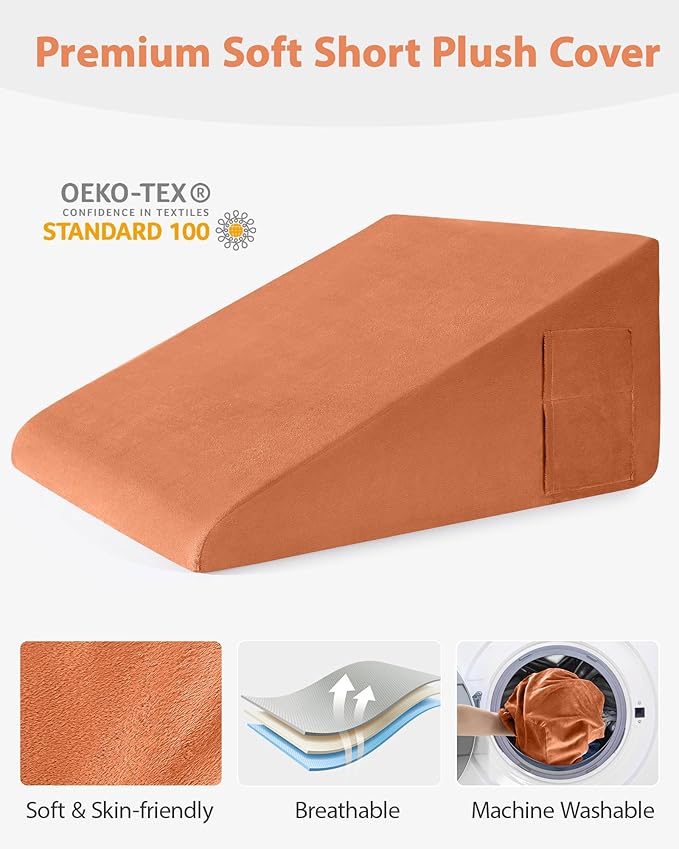 Wedge Pillow for Sleeping, 12 Inch Bed Wedge Pillow for After Surgery, Acid Reflux, Memory Foam Top Triangle Pillow Wedge for Head, Back, Leg with Machine Washable Cover-Camel