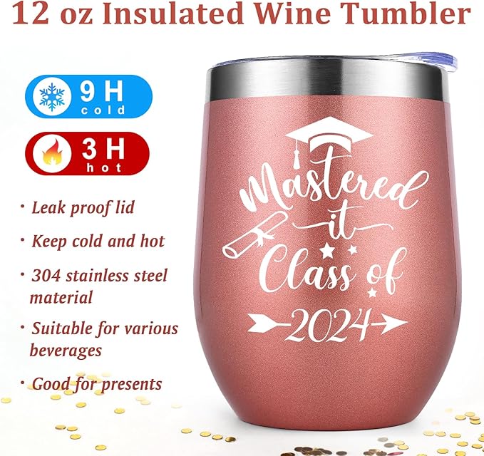 Lifecapido Graduation Gifts, Mastered it Class of 2024 12oz Wine Tumbler with Keychain, 2024 High School College Masters Degree PHD Graduation Gifts for Her Graduates Friends Classmates, Rose Gold