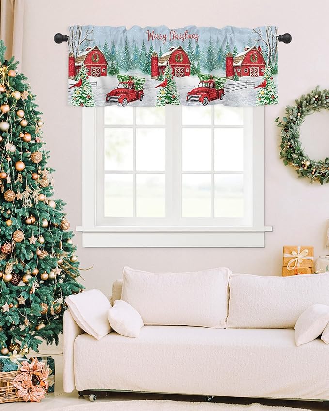 Red Truck Christmas Valance Curtains for Kitchen Windows Merry Christmas Farmhouse Rod Pocket Window Treatment Toppers for Kitchen/Living Room/Bedroom/Bathroom, 42" X 12", Winter Xmas Tree