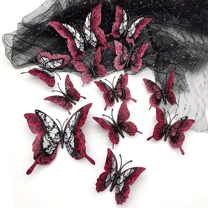 Halloween Wall Stickers 12Pcs Butterfly Wall Decor Red Roses Skull Design Halloween Wall Decorations 3D Butterflys Wall Decals Reusable Wall Stickers Decor for Halloween Home Door DIY Accessories