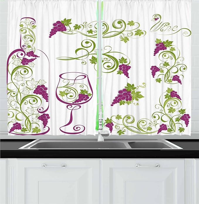 Ambesonne Wine Kitchen Curtains, Wine Bottle and Glass Grapevines Lettering with Swirled Branches Lines, Window Drapes 2 Panel Set for Kitchen Cafe Decor, 55" x 36", Lime Green