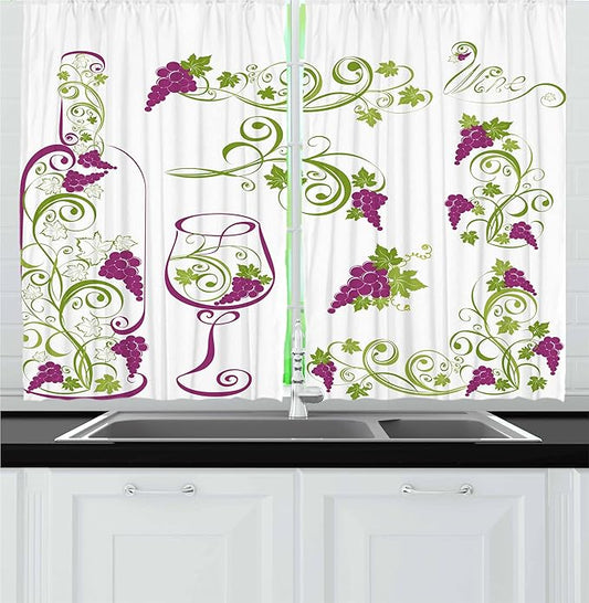 Ambesonne Wine Kitchen Curtains, Wine Bottle and Glass Grapevines Lettering with Swirled Branches Lines, Window Drapes 2 Panel Set for Kitchen Cafe Decor, 55" x 30", Lime Green