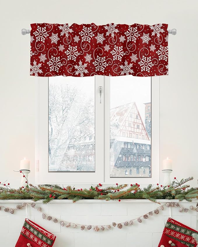Christmas Valance Curtains for Kitchen Windows Red White Snowflakes Pattern Rod Pocket Window Treatment Toppers for Kitchen/Living Room/Bedroom/Bathroom, 54" X 18", Winter