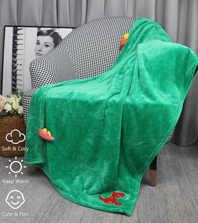 Kids Beach Towels Cute 3D Embroidery Dinosaur Super Absorbent Warm Coral Fleece Blanket Pool Bath Towel Wrap for Boys Girls, Measures 53.5 x 29.3 Inches