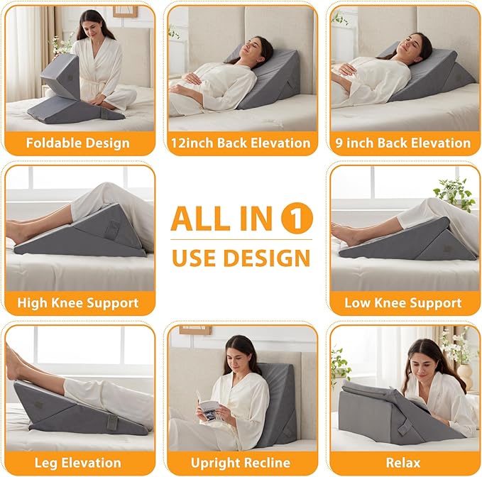 Bed Wedge Pillow for Sleeping, 9&12 Inch Wedge Pillow for Back Pain Relief, Adjustable 7-in-1 Memory Foam Triangle Pillow for Back and Leg Support, Acid Reflux, Snoring & Gerd, Velvet