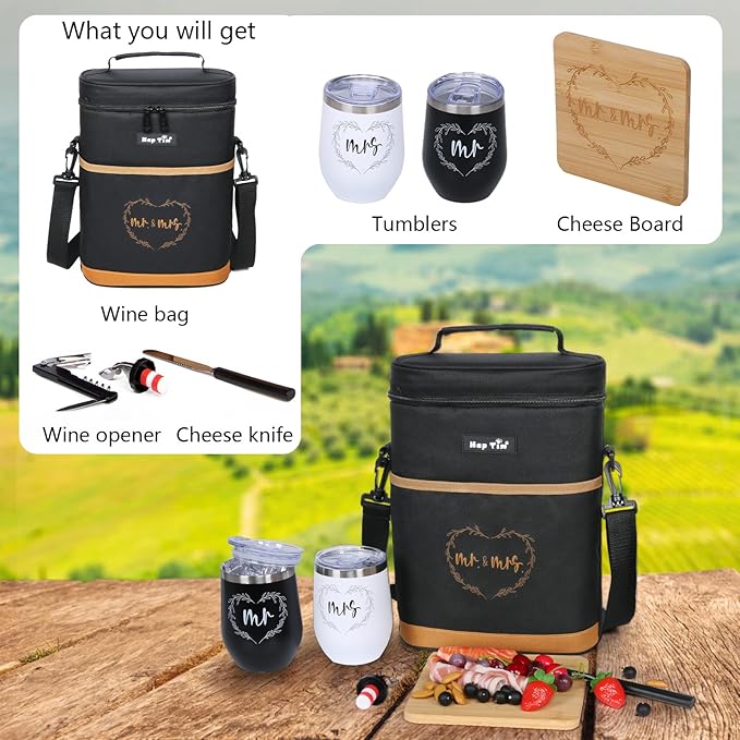 Hap Tim Wedding Gifts for Couples, Bridal Shower Gifts, Engagement Gifts for Newlyweds, Mr and Mrs Gifts - Wine Cooler Bag Insulated Wine Carrier Tote with Tumblers, Bamboo Cheese Borad (13624-G1)