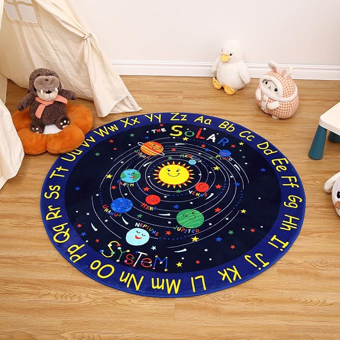 Baby Play Mat Solar System Learning Rug Kids Rug ABC Alphabet Educational Area Rugs for Classroom Kids Room Baby Playroom Mat Kids Foam Rug Playtime Activity Mat for Toddler 4 x 4