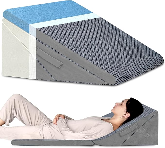 KingPavonini Grey Bed Wedge Pillow for Sleeping, 7.5 & 9 & 11 & 12 Inch Adjustable Memory Foam Triangle Wedge Pillow Post Surgery for Back, Legs and Knee Support, Acid Reflux