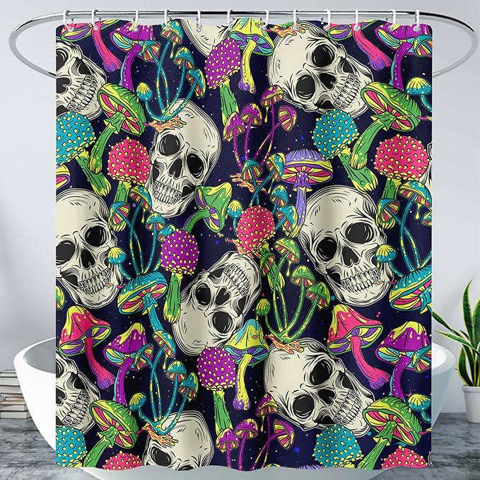 AILONEN Skull Shower Curtain for Bathroom,Mushroom Skull Bath Curtain Decoration,Fantasy Fungus Skeleton Print Waterproof Black Curtain with 12 Plastic Hooks, 72" W*96" H