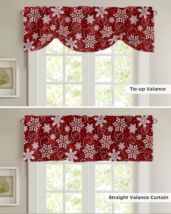 Christmas Blackout Tie Up Valance Curtains for Kitchen Windows Red White Snowflakes Pattern Window Toppers Balloon Shades for Living Room/Bathroom/Bedroom,1 Panel, 42" X 18", Winter