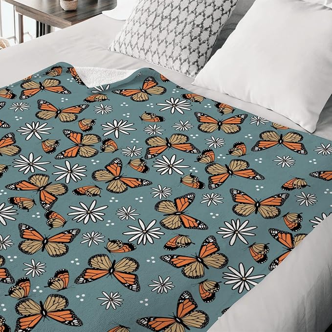 Butterfly Daisy Flower Baby Blanket for Girls Gift, Blue Yellow Floral Flannel Fleece Nursery Bed Receiving Blankets, Soft Warm Lightweight Newborn Infant Toddler Kids Crib Bedding 30 x 40