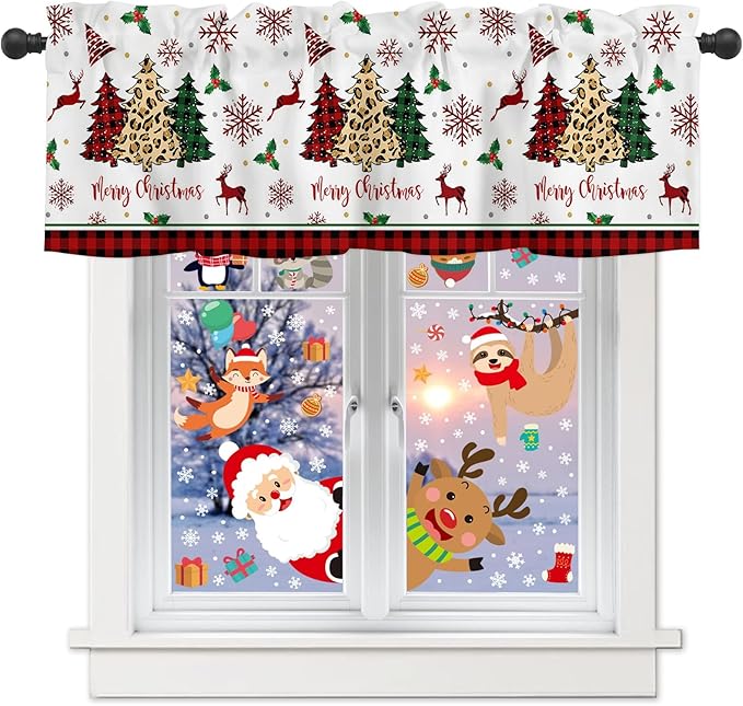 Merry Christmas Valance Kitchen Curtains for Windows,Farm Christmas Tree Buffalo Plaid Leopard Rod Pocket Window Treatments Holiday Decor Short Curtains For Bedroom/ Living Room,54" X 18" -1 Panel