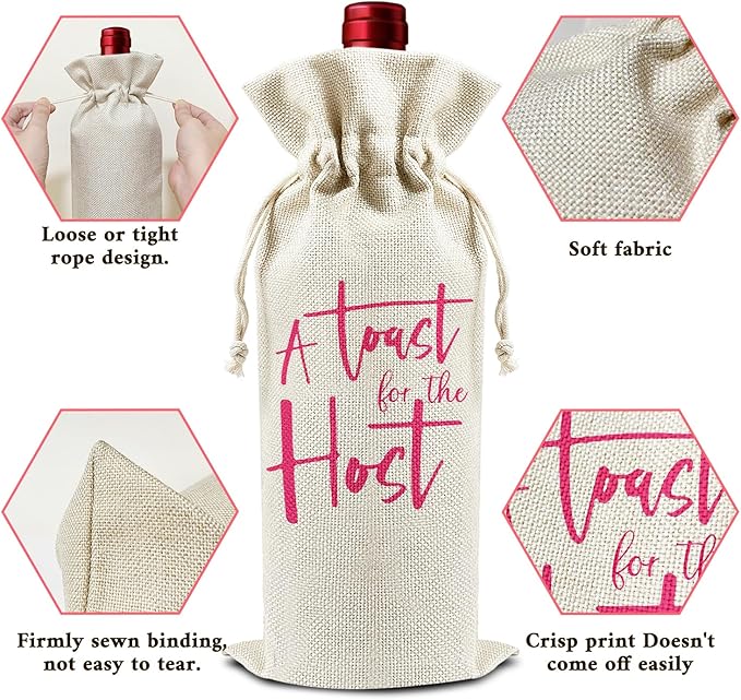 A Toast For The Host - Gifts for Hostess Wine Bags, 1 PC Reusable Drawstring Burlap Wine Bottle Bags, Appreciation Gifts for Women Ladies, Wine Gift Bag Wine Accessories -29