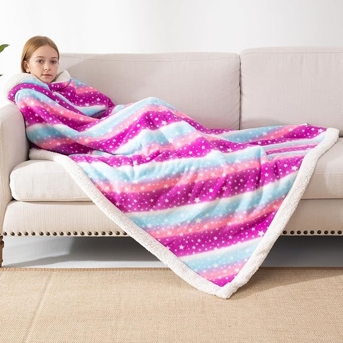 COSUSKET Kids Star Throw Blanket, Rainbow Sherpa Plush Warm Blanket Girls Gifts
