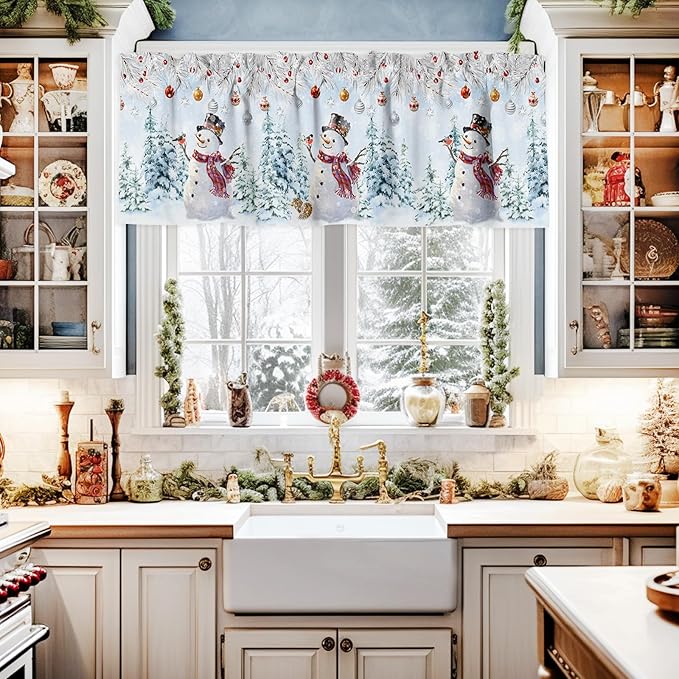 Snowman Valance Curtains for Kitchen Windows Blue Merry Christmas Tree Red Balls Squirrel Rod Pocket Window Treatment Toppers for Kitchen/Living Room/Bedroom/Bathroom, 54" X 18", Winter