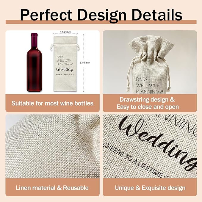 Engagement Wine Gift Bag, Engagement Gifts for Couples Newly Engaged, 1pcs Well with Wedding Planning Reusable Burlap Drawstring Wine Gifts Bag for Wine Bottles, Wedding Holiday Party Favor -09