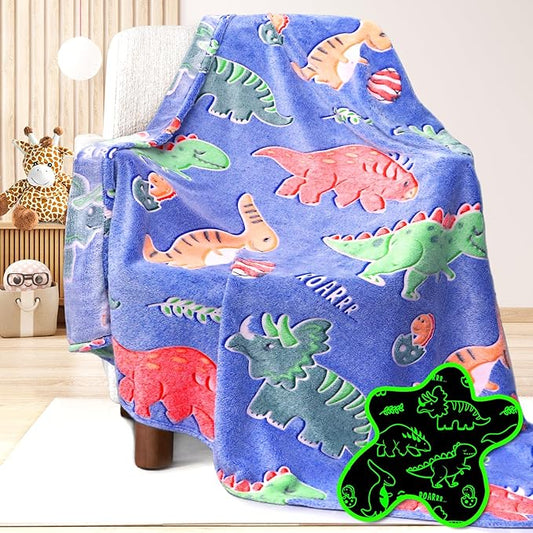 Dinosaur Blanket for Boys Glow in The Dark Blanket Dino Throw Birthday Gifts for Kids Toddlers Soft Warm Cozy Cute Dinosaur Gifts for Girls Dinosaur Room Decor Glowing Blanket