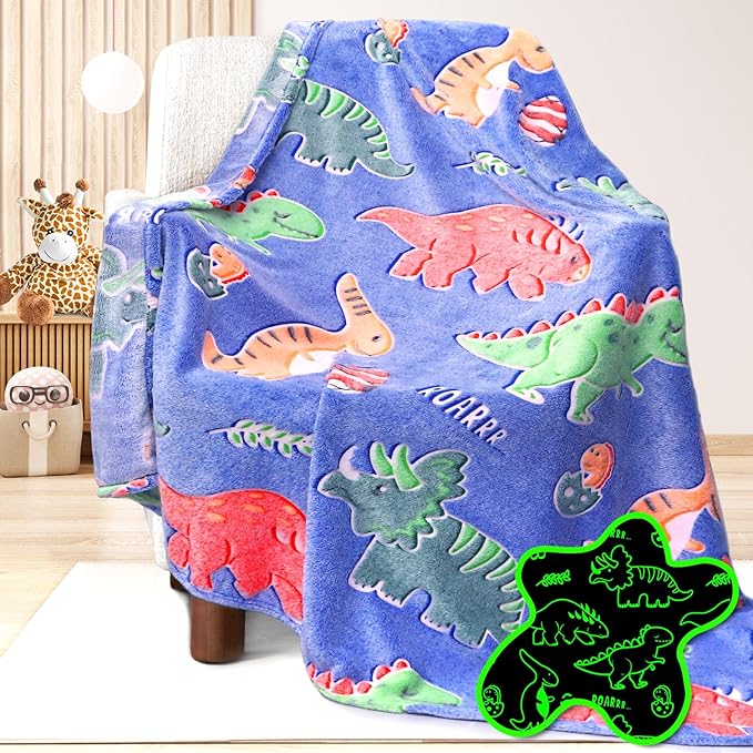 Dinosaur Blanket for Boys Glow in The Dark Blanket Dino Throw Birthday Gifts for Kids Toddlers Soft Warm Cozy Cute Dinosaur Gifts for Girls Dinosaur Room Decor Glowing Blanket