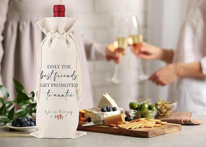 Only The Best friends Get Promoted To Auntie,Pregnancy Announcement Wine Label,New Aunt Gifts,Baby Announcement to Friends,Pregnancy Reveal,Gifts for aunts, uncles,1 Drawstring Gift Wine Bag,Q23