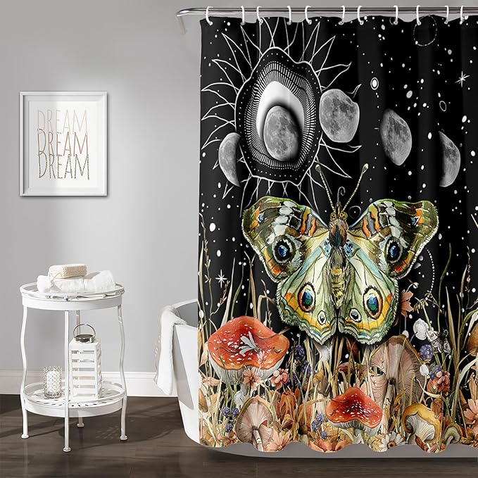 AILONEN Moth Shower Curtain,Sun and Moon Shower Curtain Set for Kids Girls Boys,Boho Natural Mushroom Plants Bath Curtain,Starry Night Bathroom Decor Shower Curtain with 12 Hooks,72" W*72" H