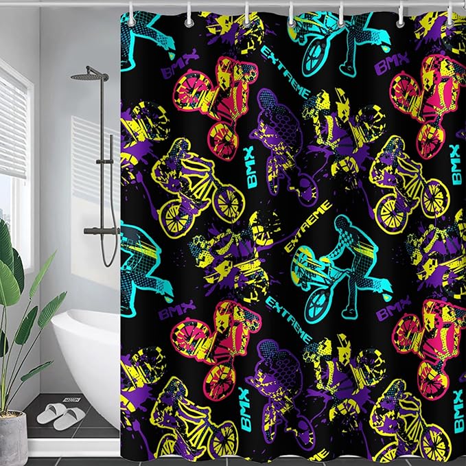 AILONEN Motocross Shower Curtain,Motorcycle Racer Bath Curtain,Extreme Sports Decoration,Colorful Graffiti Dirt Bike Shower Curtain for Kids Boys,Black Washable, 60" W x 72" H