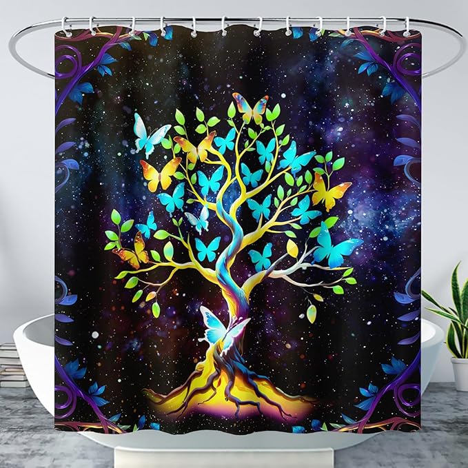 AILONEN Tree of Life Shower Curtain for Bathroom,Galaxy Starry Glowing Tree of Life Bath Curtain,Colorful Tree Shower Curtain Waterproof with 12 Plastic Hooks for Boys Girls Adults 72" W*72" H