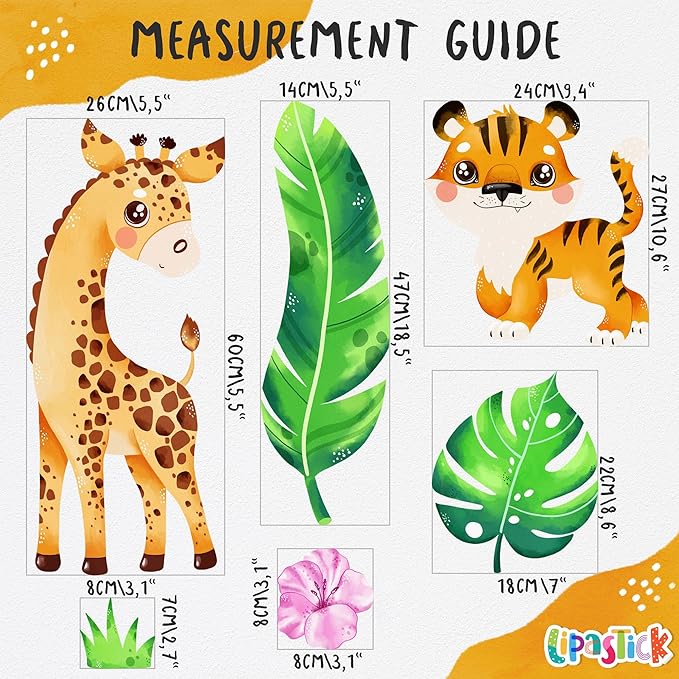 Large Jungle Animal Wall Decals for Kids by Lipastick - 143 pcs Animal Wall Stickers for Kids Baby Girl Boy Room - Creative Nursery Vinyl Wall Decal - Elephant Giraffe Crocodile Parrot Koala L Size