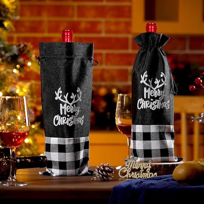 Patelai 12 Pieces Christmas Wine Bottle Bags Wine Bottle Sweater Dress Christmas Wine Sleeve Burlap Santa Bottle Covers Plaid Drawstring Bottle Bags for Xmas Dining Table (Black White)