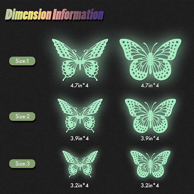 SAOROPEB Glow in The Dark 3D Butterfly 24 Pcs 3 Sizes, Luminous Butterfly Stickers for Ceiling or Wall, Glow in The Dark Party Supplies, Removable Luminous Stickers for Kids Babys Nursery (Green)