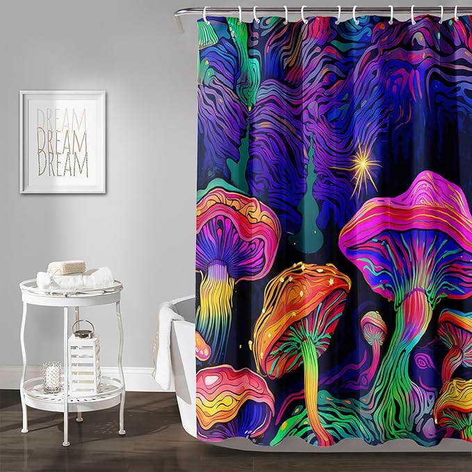 AILONEN Magic Mushroom Shower Curtain for Kids Boys Girls,Mushrooms and Starry Night Waterproof Fabric Shower Curtain for Bathroom,Dreamy Natural Plants Shower Curtain Set with Hooks,72" W*78" H