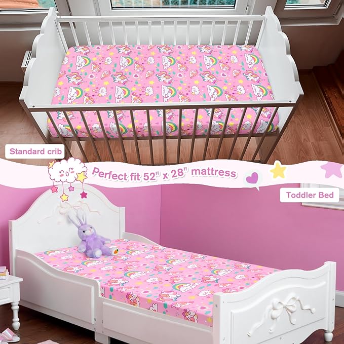 JISEN Baby Crib Sheets Soft Breathable Unicorns Fitted Crib Sheets Pink Baby Sheet for Standard Crib and Toddler Mattress Baby Bed Sheets for Crib for Baby Boys Girls Neutral 52x28 Inch