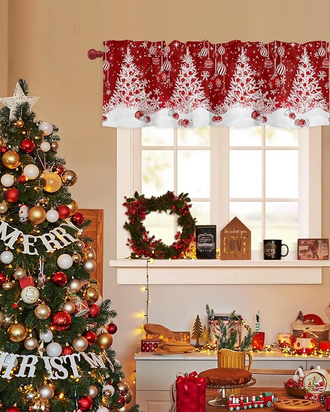 Red Christmas Valance Curtains for Kitchen Windows White Xmas Tree Snowflakes Red Balls Rod Pocket Window Treatment Toppers for Kitchen/Living Room/Bedroom/Bathroom, 42" X 12", Winter