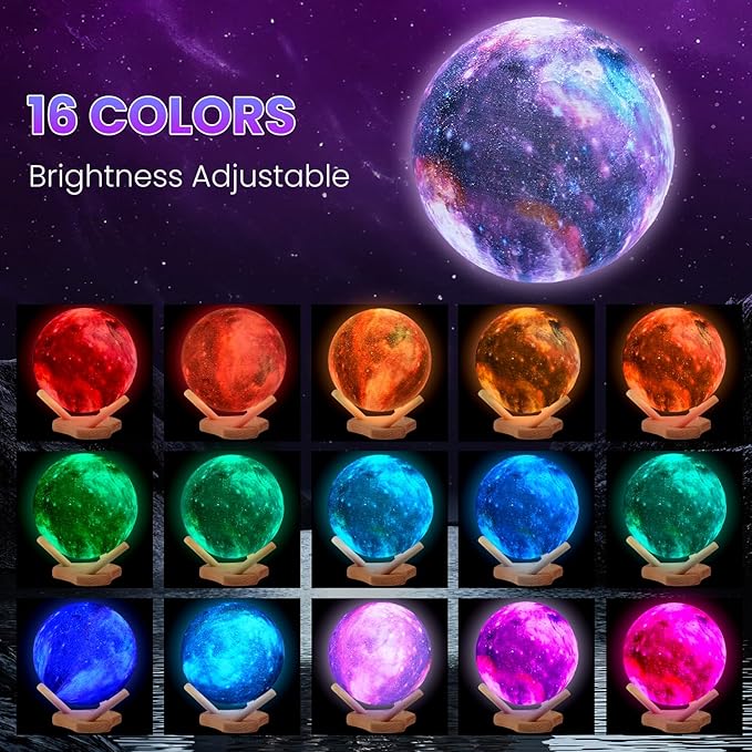 Moon Lamp Galaxy Lamp Kids Night Light 7.8 Inch 16 Colors LED 3D Star Moon Light with Wooden Stand Remote Control Touch Tap Controller USB Rechargeable Gift for Baby Children Girls Boys
