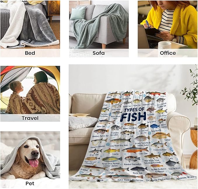 Fish Throw Blanket,Types of Fish Blanket Fish Blanket Gifts,Ultra Soft Lightweight Flannel Blankets Warm Fuzzy Cozy Plush Blankets for Couch Sofa Bed Living Room,Teens Size-50"x60"
