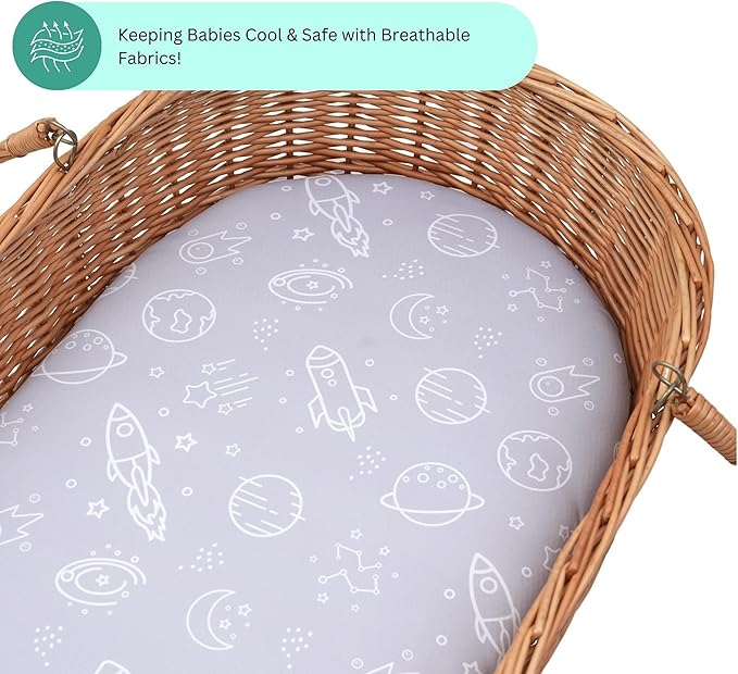 TansyPanda Bassinet Sheets for Baby Delight Snuggle Nest, Chicco LullaGo, Fisher-Price Soothing, SNOO Smart, 3PC, 18 x 30 Inch, Ultra Soft, Breathable, Snug Fit, Unisex Boys, Girls (Space Rockets)