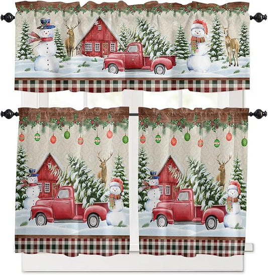 Christmas Kitchen Curtains and Valances Set, Farm Red Truck Window Treatments Tiers Winter Holiday Snowman Semi Sheer Half/Short Curtains for Small Windows Cafe /Living Room/ Bedroom 54x 36 in