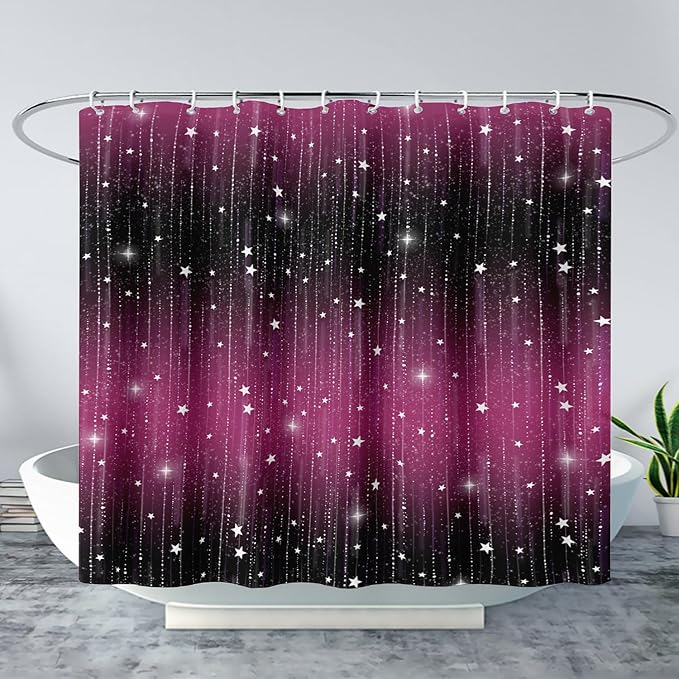 AILONEN White Star Shower Curtain,Dreamy Starry Sky Bathroom Fabric Shower Curtain for Girls Boys Kids Teens, 72" W*78" H Black and Purple Theme Bathroom Decor