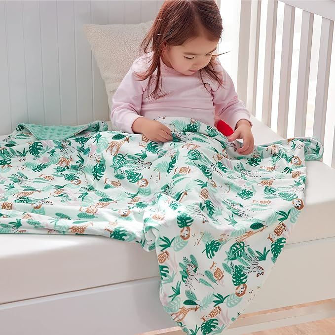 DaysU Silky Micro Soft Plush Baby Blankets for Boys with Print Animal Pattern and Soothing Raised Dots, Double Layer Bed Throws for Toddler Cot, Jungle, Green, 50x60 Inches