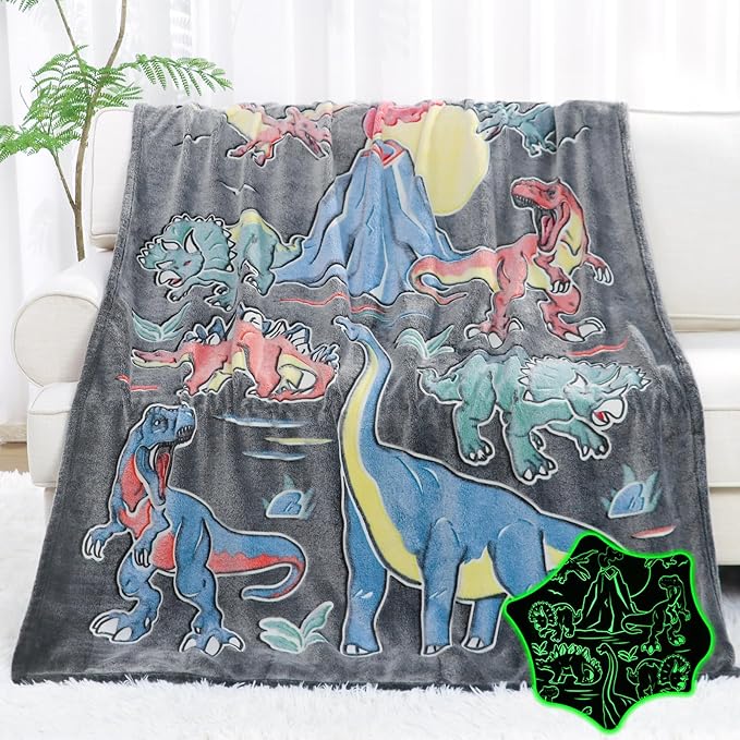 Glow in The Dark Dinosaur Blanket Toddler Boy Kids Dino Present Gifts Soft Fuzzy Fleece Throw Blanket Decorations for Couch Sofa Bedroom