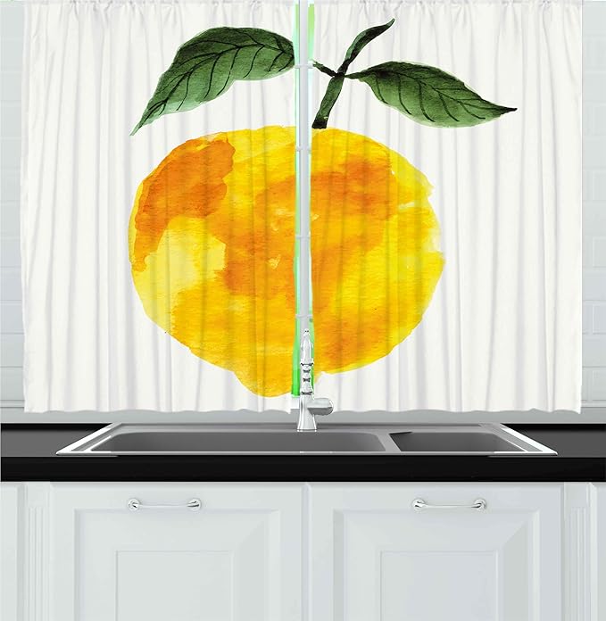 Ambesonne Yellow and Orange Kitchen Curtains, Hand Drawn Lemon Watercolors Summer Organic Food Natural Product, Window Drapes 2 Panel Set for Kitchen Cafe Decor, 55" x 36", Yellow Orange