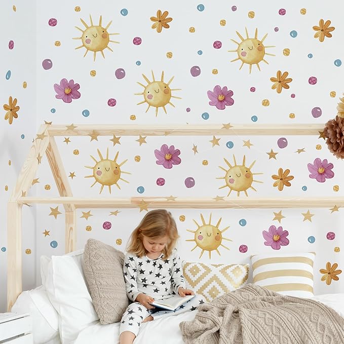 Watercolor Boho Smiling Sun Wall Decals Removable DIY Colorful Flowers Wall Decal Peel and Stick Dewdrops Wall Stickers Wall Art for Baby Nursery Bedroom Living Room Playroom Decor