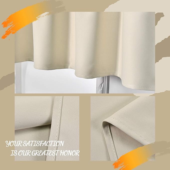 Beige Valance for Windows 42x18 Inch Solid Thermal Insulated Blackout Rod Pocket Kitchen Short Curtain Toppers Valance for Bathroom Living Room 1 Panel