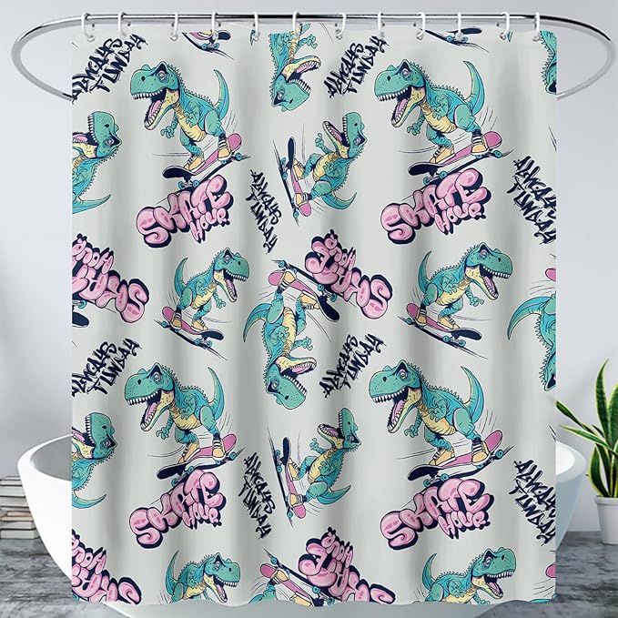AILONEN Cute Dinosaur Kids Shower Curtain,Sport Cool Dinosaur Bath Curtain Gifts for Boys Teens,Skate Dinosaur Polyester Waterproof for Bathroom with 12 Plastic Hooks 60" W*72" H