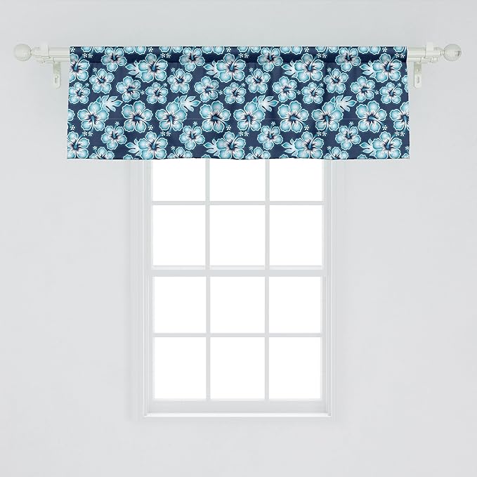 Ambesonne Aloha Window Valance, Hibiscus Hawaiian Tropical Island Flowers Petals and Buds Leaves Art Print, Curtain Valance for Kitchen Bedroom Decor with Rod Pocket, 42" x 18", Dark Blue Sky Blue
