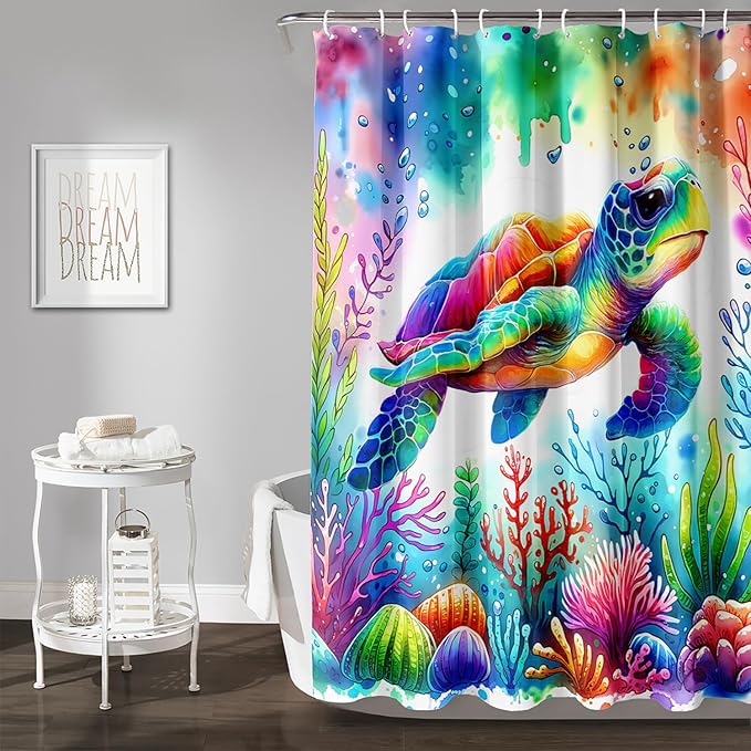 AILONEN Colorful Sea Turtle Shower Curtain, Cartoon Ocean Theme World Cloth Bath Curtain for Bathroom,Watercolor Underwater Waterproof Fabric Shower Curtain Set with Hooks,72" Wx96 H